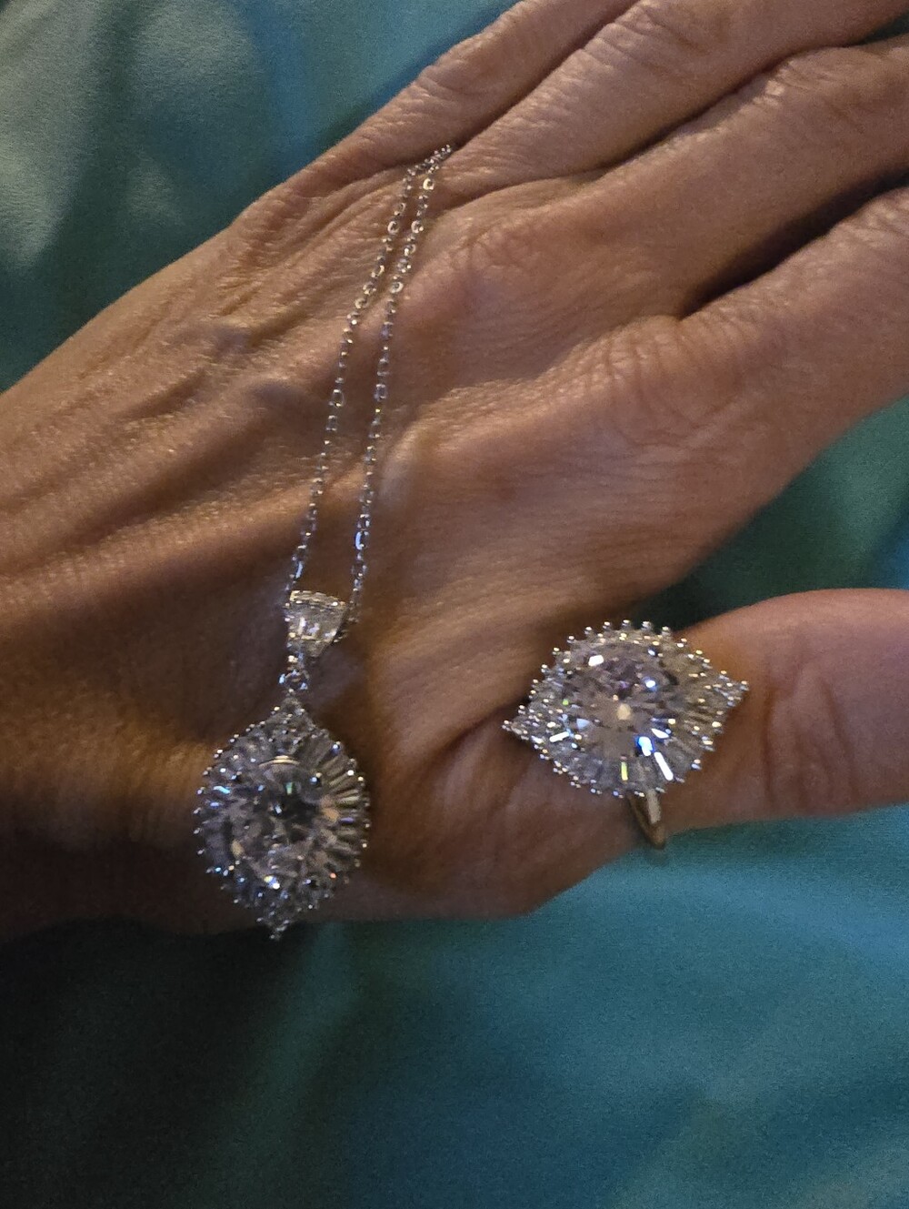 Elegant Silver-Tone Moissanite Pendant Necklace and Ring Set - Adjustable